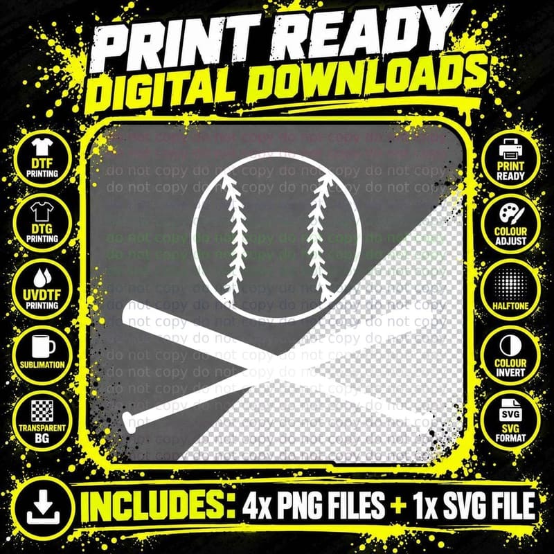 Baseball Bats Crossed Over Ball Baseball Design T-Shirt Png SVG Digital Bundle