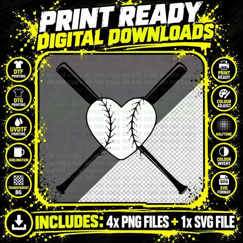 Baseball Bats Crossed Over Heart Baseball T-Shirt Png SVG Digital Bundle
