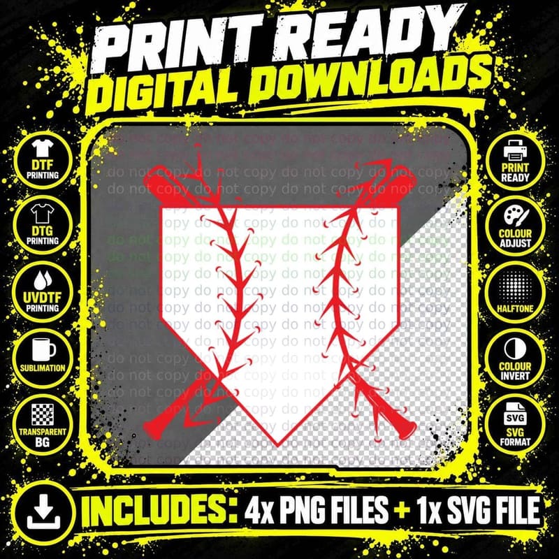 Baseball Bats Crossed Over Home Plate Baseball T-Shirt Png SVG Digital Bundle