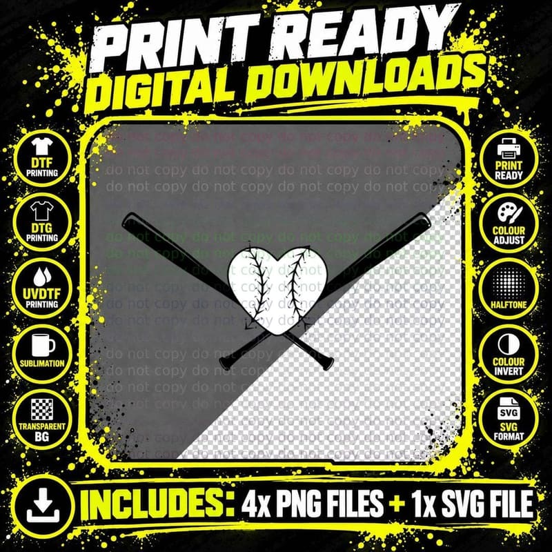 Baseball Bats Crossed with Heart Baseball T-Shirt Png SVG Digital Bundle