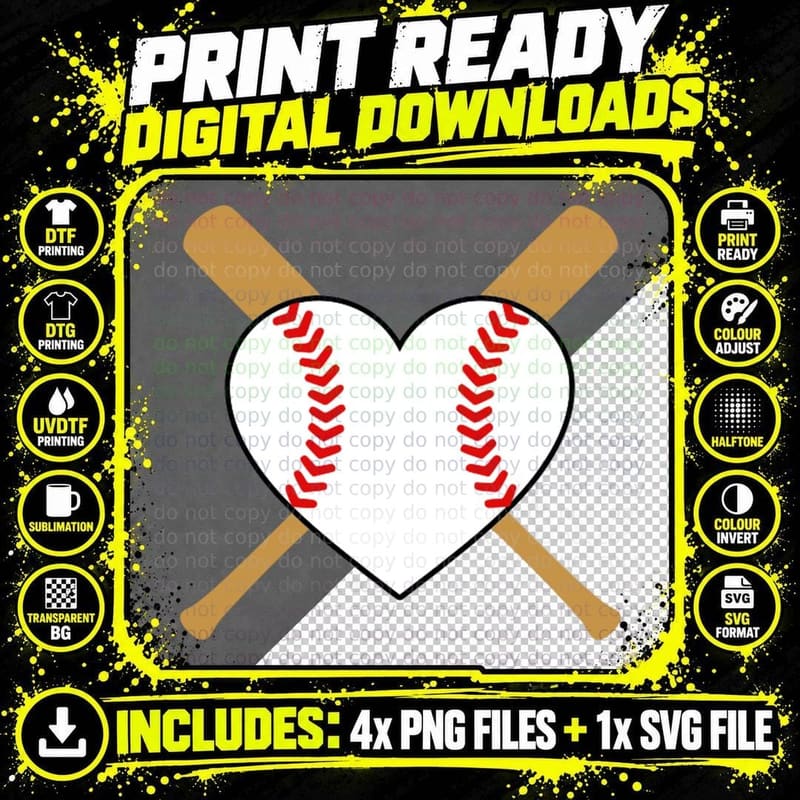 Baseball Heart Crossed Bats Baseball T-Shirt Png SVG Digital Bundle