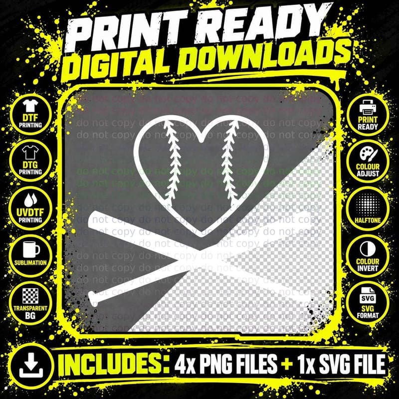 Baseball Heart with Crossed Bats Baseball Design T-Shirt Png SVG Digital Bundle