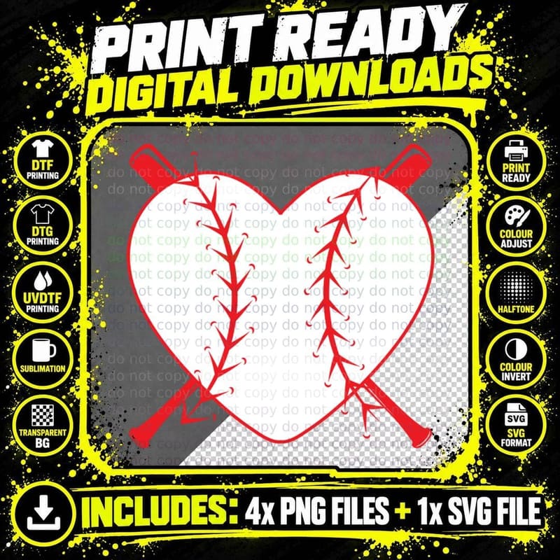 Baseball Heart with Crossed Bats Baseball T-Shirt Png SVG Digital Bundle