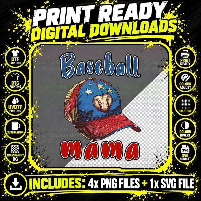 Baseball Mama Baseball T-Shirt, Baseball Cap with Stars Png SVG Digital Bundle