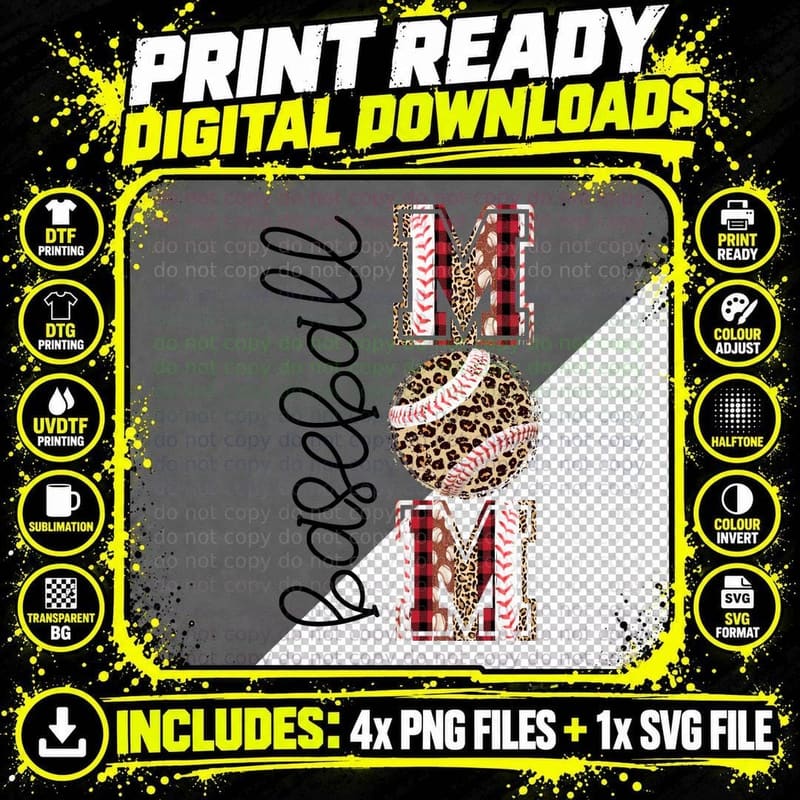 Baseball Mom Red Checkered Leopard Text T-Shirt Png SVG Digital Bundle