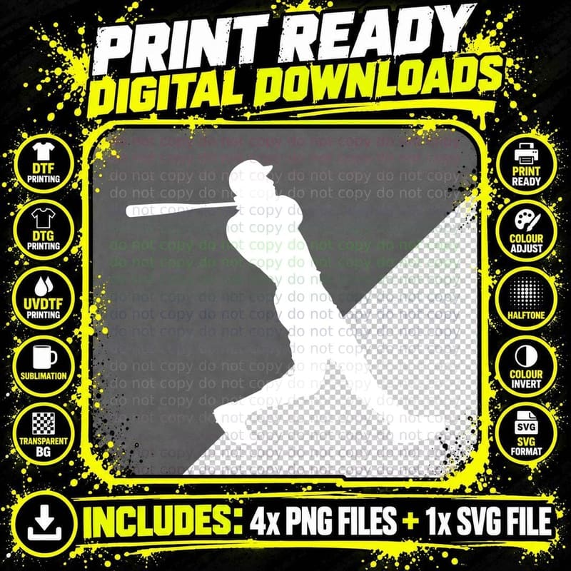 Baseball Player Silhouette Swinging Bat Baseball T-Shirt Png SVG Digital Bundle