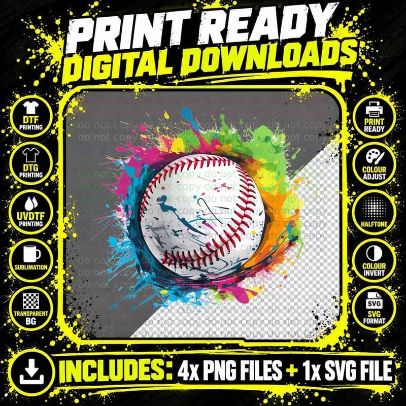 Baseball in Colorful Paint Splatter Baseball T-Shirt Png SVG Digital Bundle