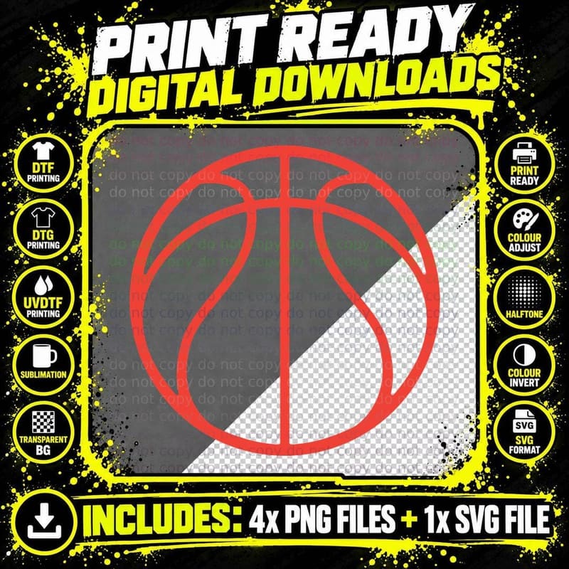 Basketball Ball Red Outlined Sports Equipment Line Art Png SVG Digital Bundle