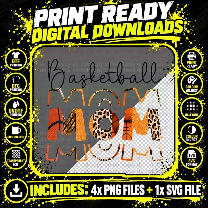 Basketball Mom Orange Leopard Patterned Text T-Shirt Png SVG Digital Bundle