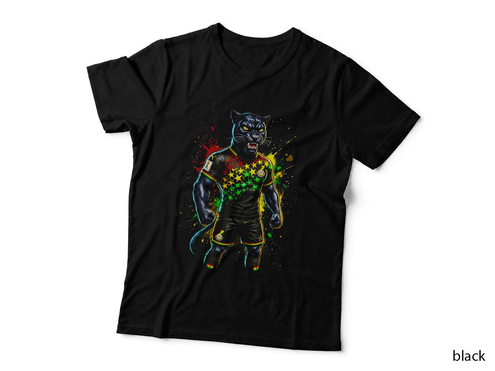 Black Panther Soccer Player Mascot Star Pattern Jersey Green Yellow Red T-Shirt