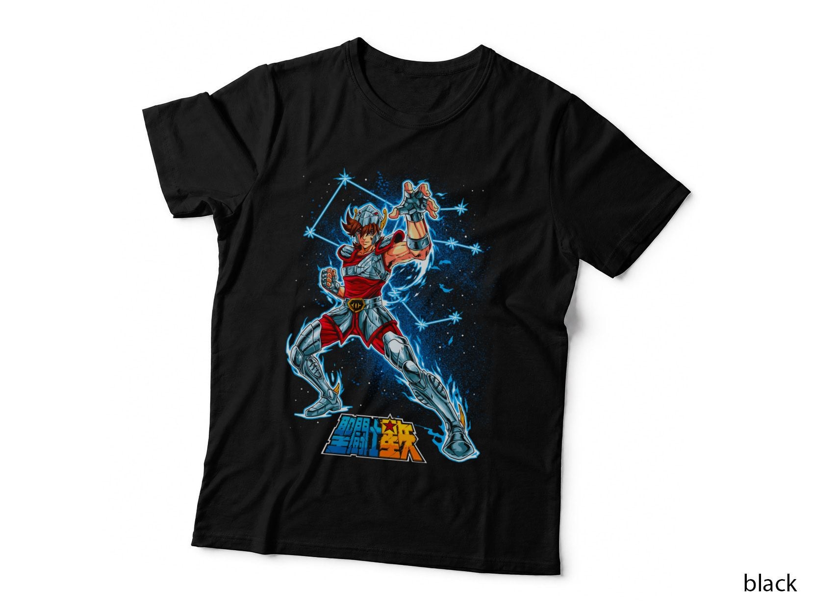 Blue Armored Warrior Japanese Text White Halftone Fighter Protection T-Shirt