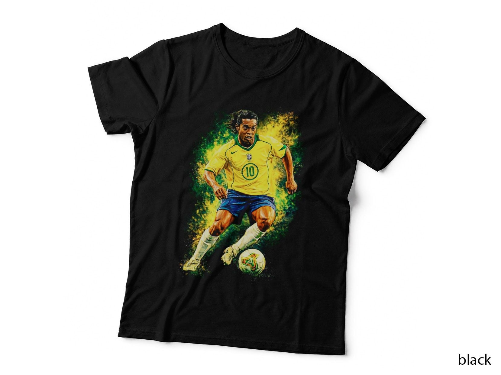 Brazil Footballer 10 Yellow Jersey Dribbling Ball Green Gold Splatter T-Shirt