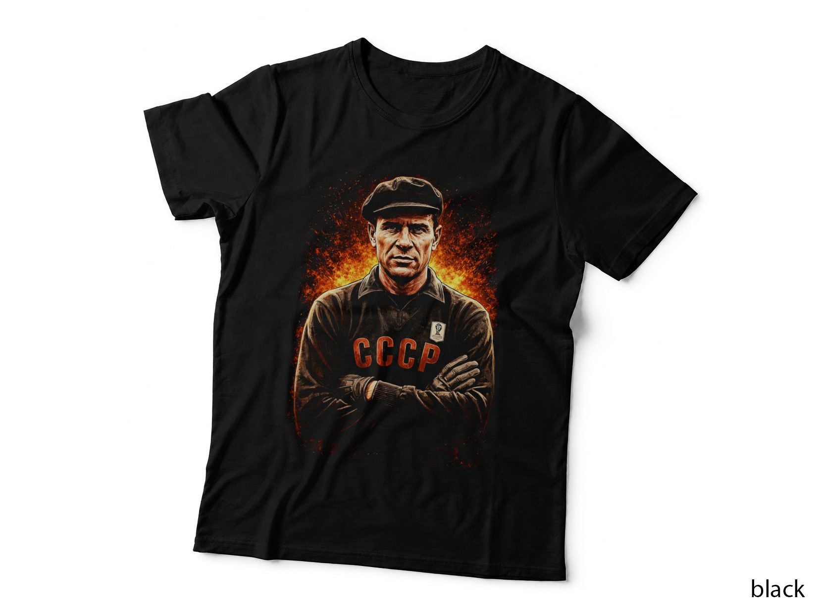 Cccp Goalkeeper Flat Cap Arms Folded Soviet Jersey Fire Splash T-Shirt