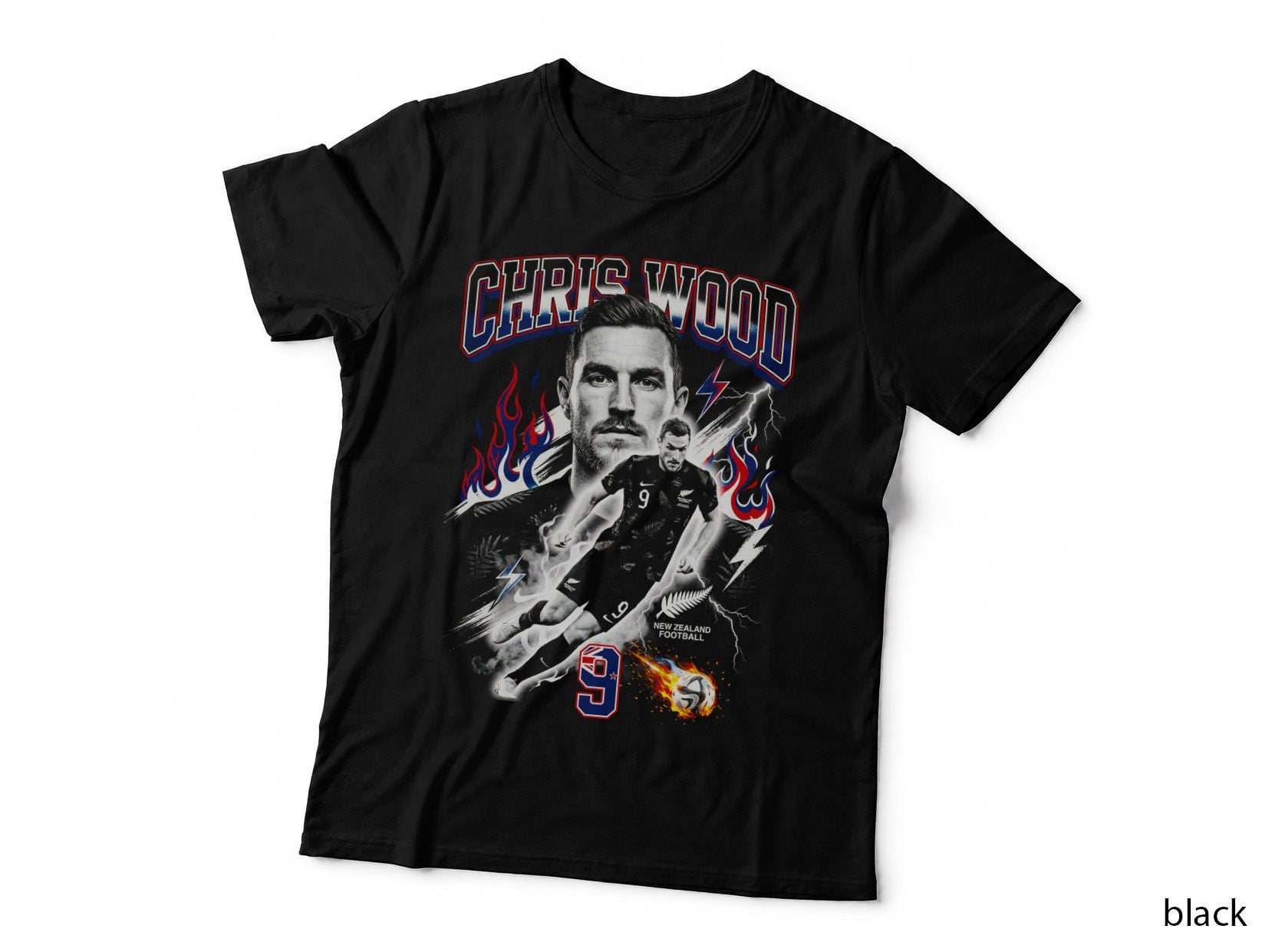 Chris Wood 9 New Zealand Football Red Blue Flames Halftone Portrait All T-Shirt
