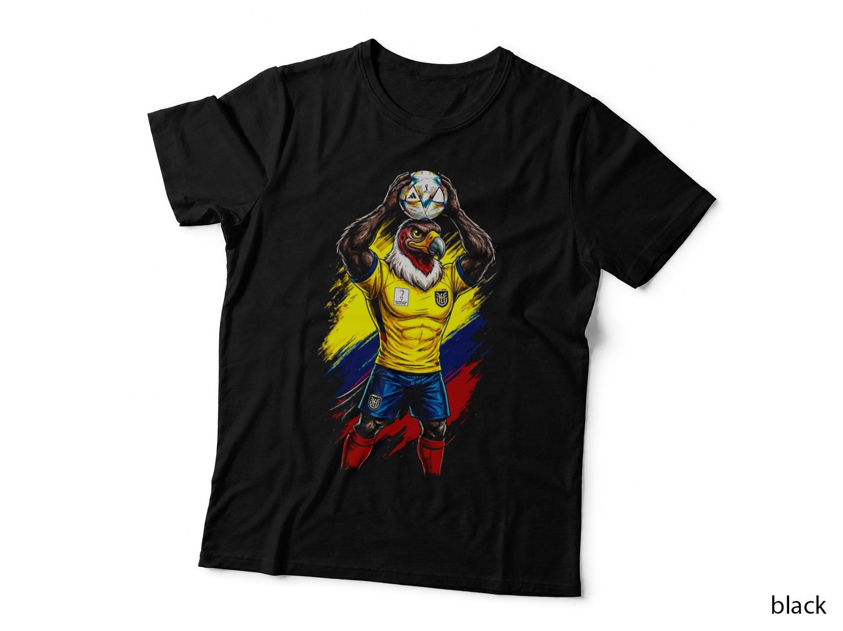 Condor Soccer Player Mascot Yellow Jersey Blue Shorts Flag Colour T-Shirt