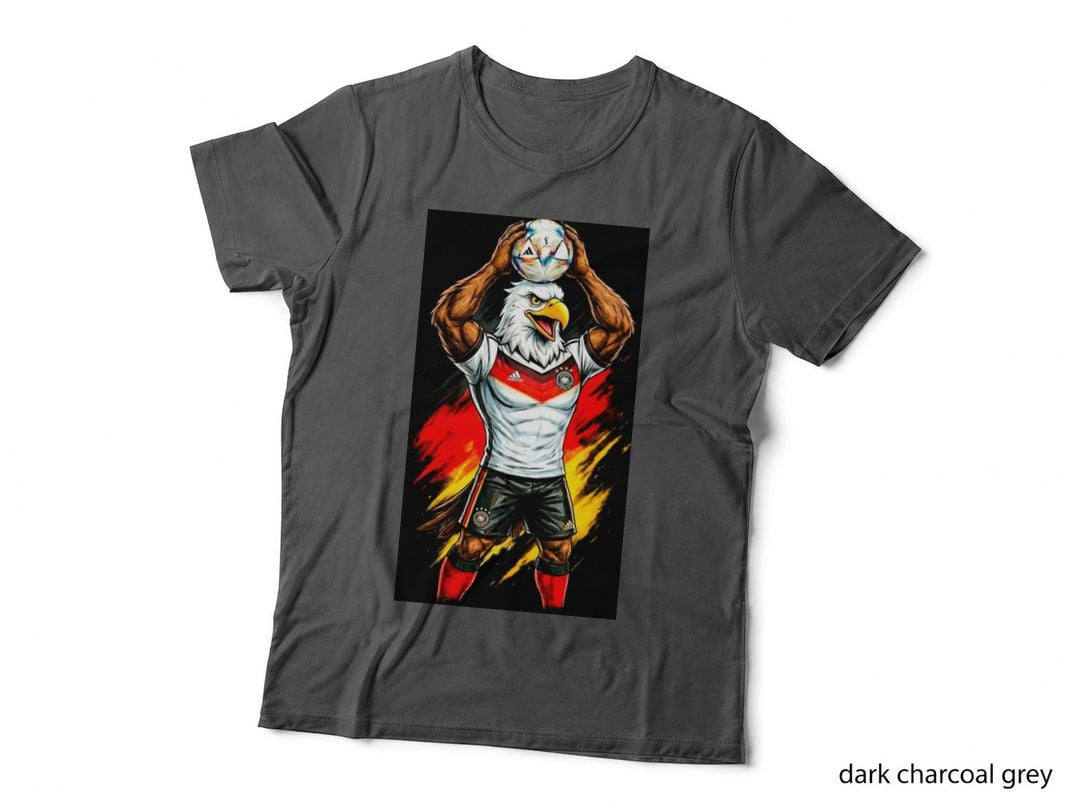 Eagle Footballer Germany Kit Muscular Headed Mascot White Football Black T-Shirt