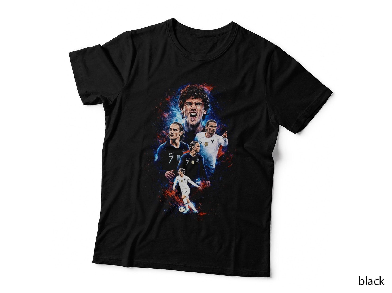 Four Male Footballers Collage of France Action Poses White Blue Kits T-Shirt
