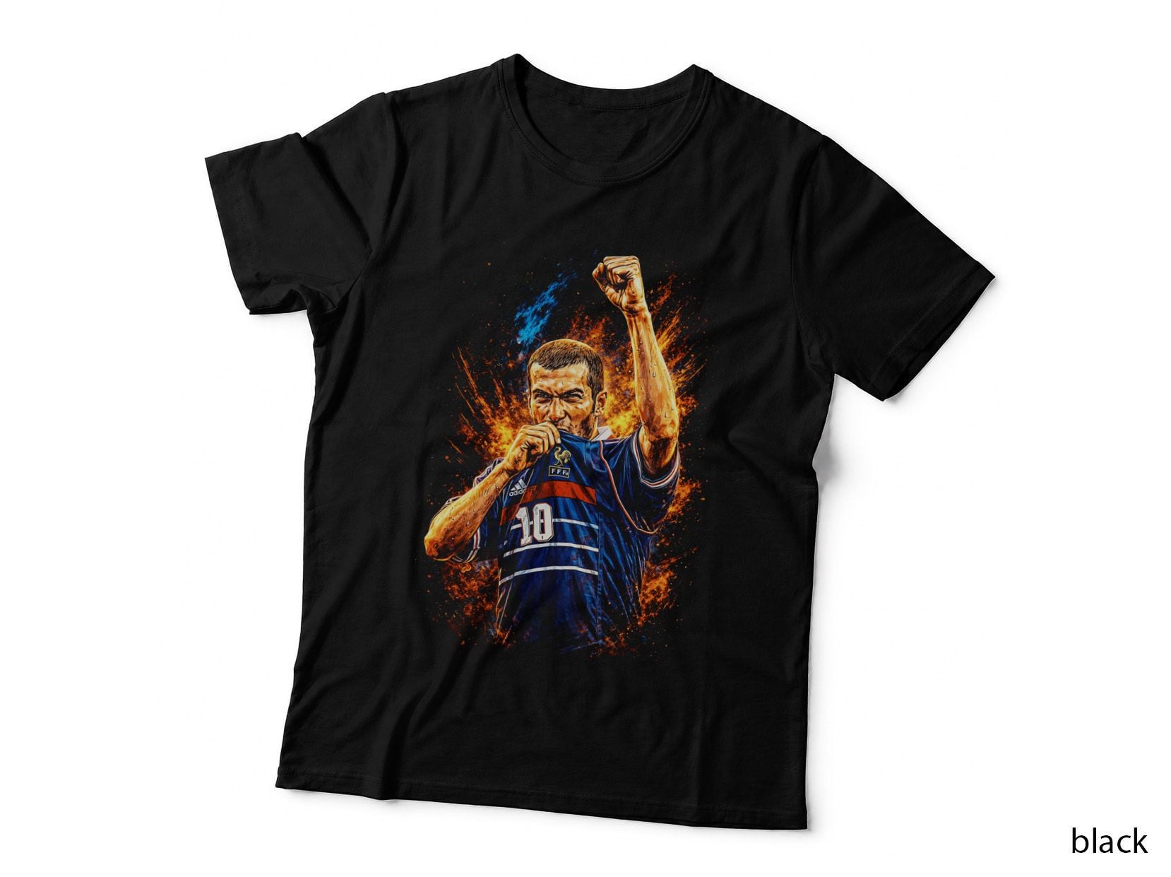France Footballer Number 10 Fiery Splatter Fist Raised Emotional Blue T-Shirt