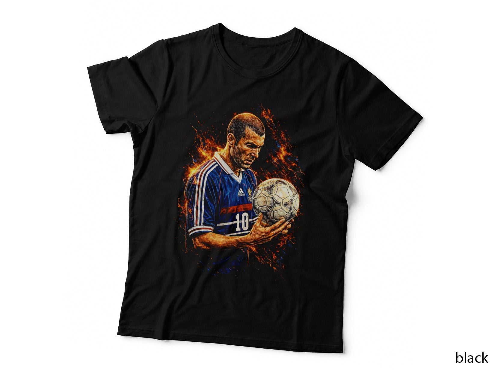 France Footballer Number 10 Fiery Splatter Holding Football in Both T-Shirt