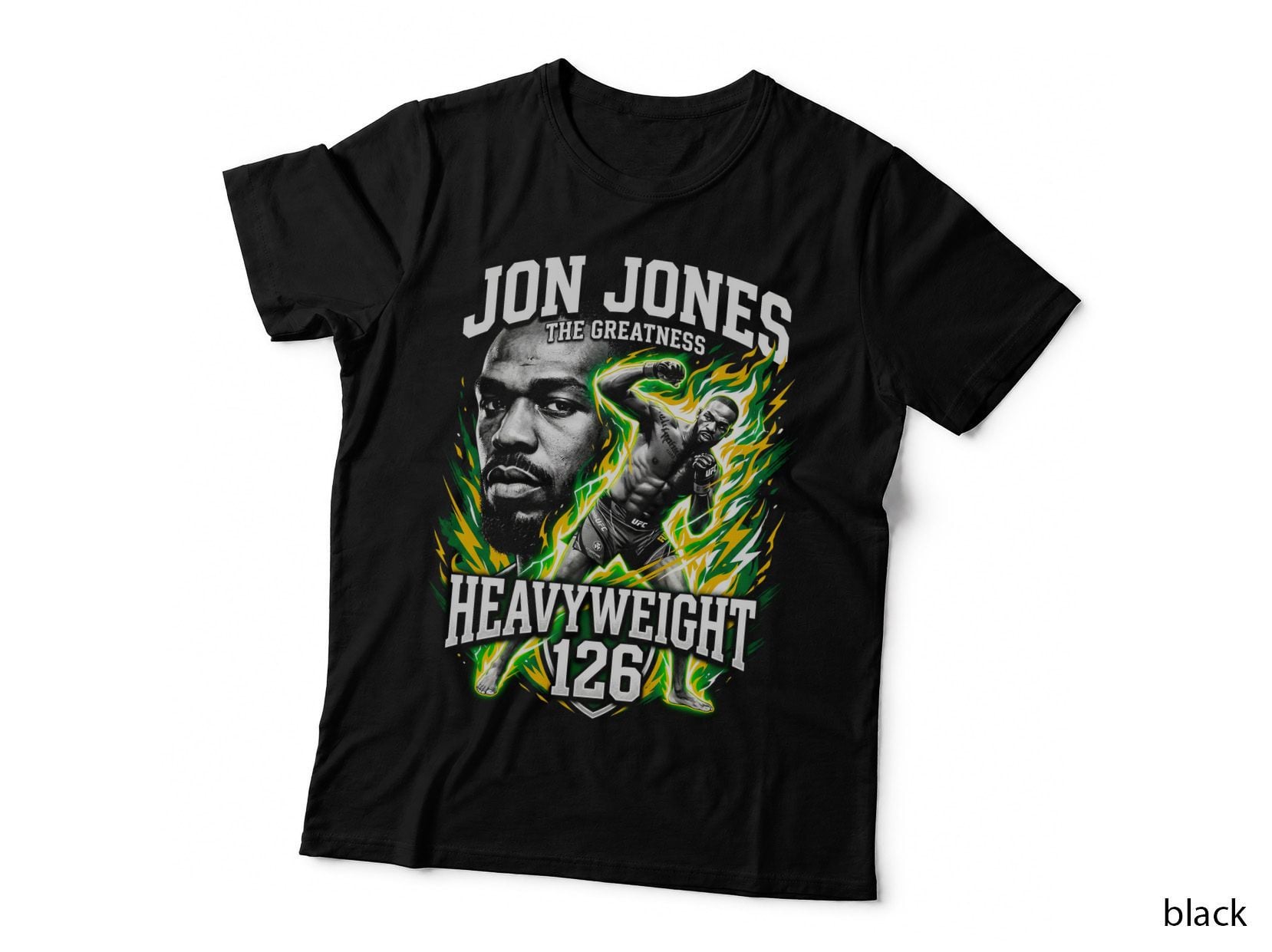 Jon Jones the Greatness Heavyweight 126 Green Yellow Lightning Flame T-Shirt