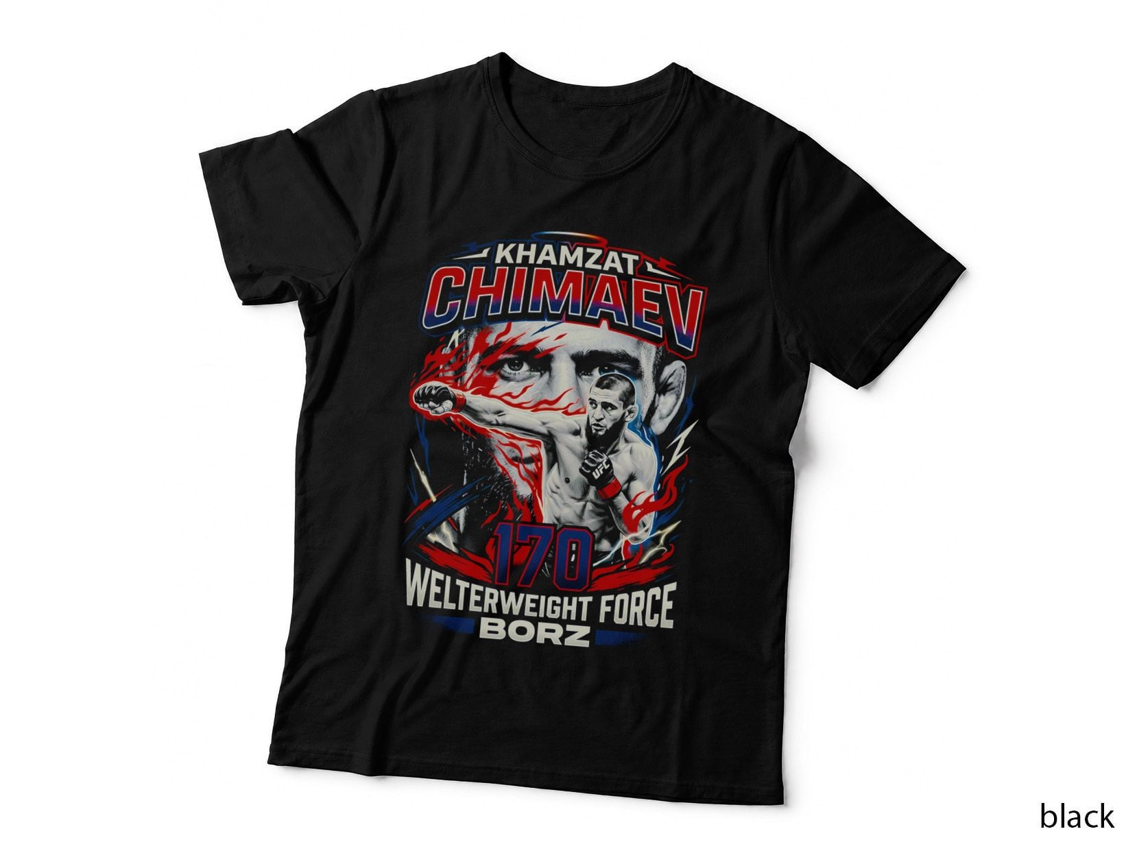Khamzat Chimaev 170 Welterweight Force Borz Red Blue Flame Halftone T-Shirt