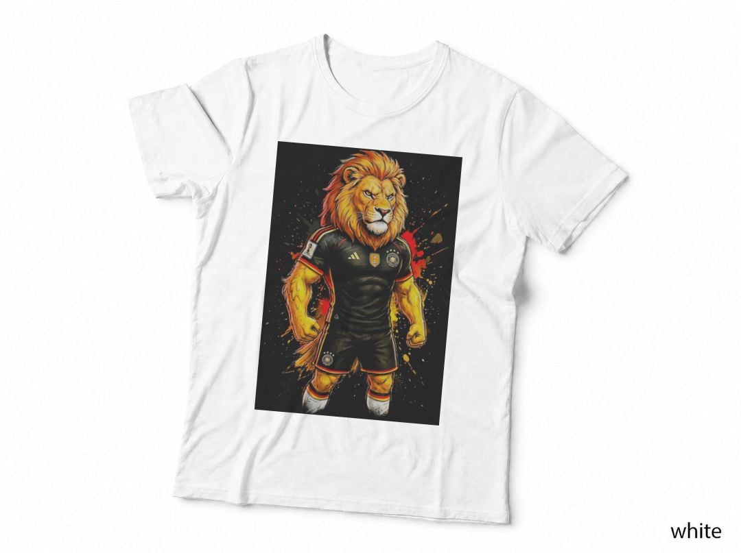 Lion Footballer Germany Kit Muscular Headed Mascot Black Football Red T-Shirt