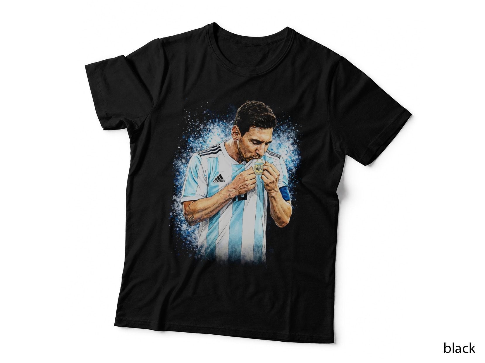 Lionel Messi Argentina Kit Kissing Crest Badge Captain Armband Blue T-Shirt