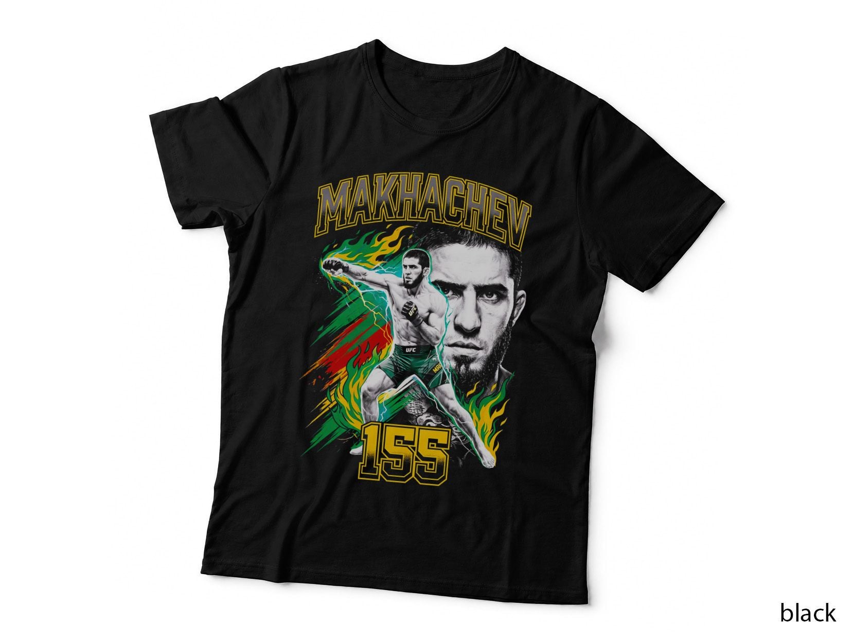 Makhachev 155 Fighter Punching Red Green Gold Flames Outline Text T-Shirt