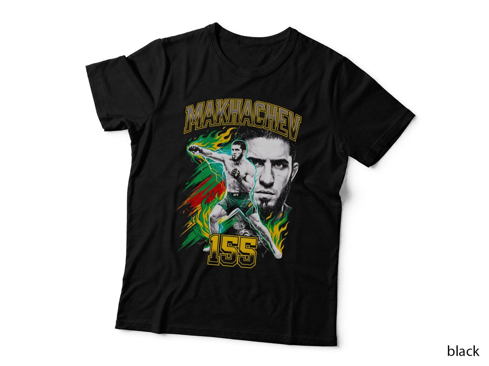 Makhachev 155 Green Red Yellow Orange Flames Teal Outline Fighter T-Shirt