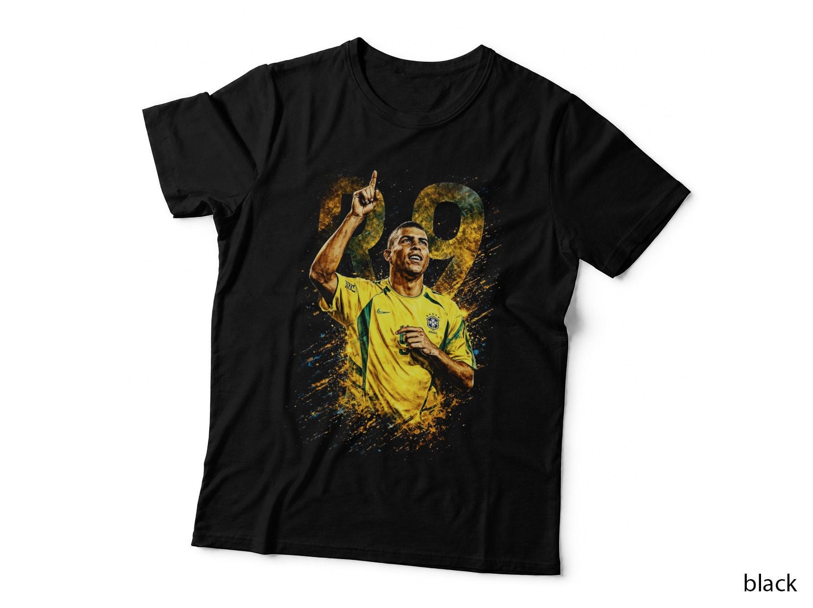 Male Brazil Footballer Jersey Celebrating Finger up Gold Lettering T-Shirt