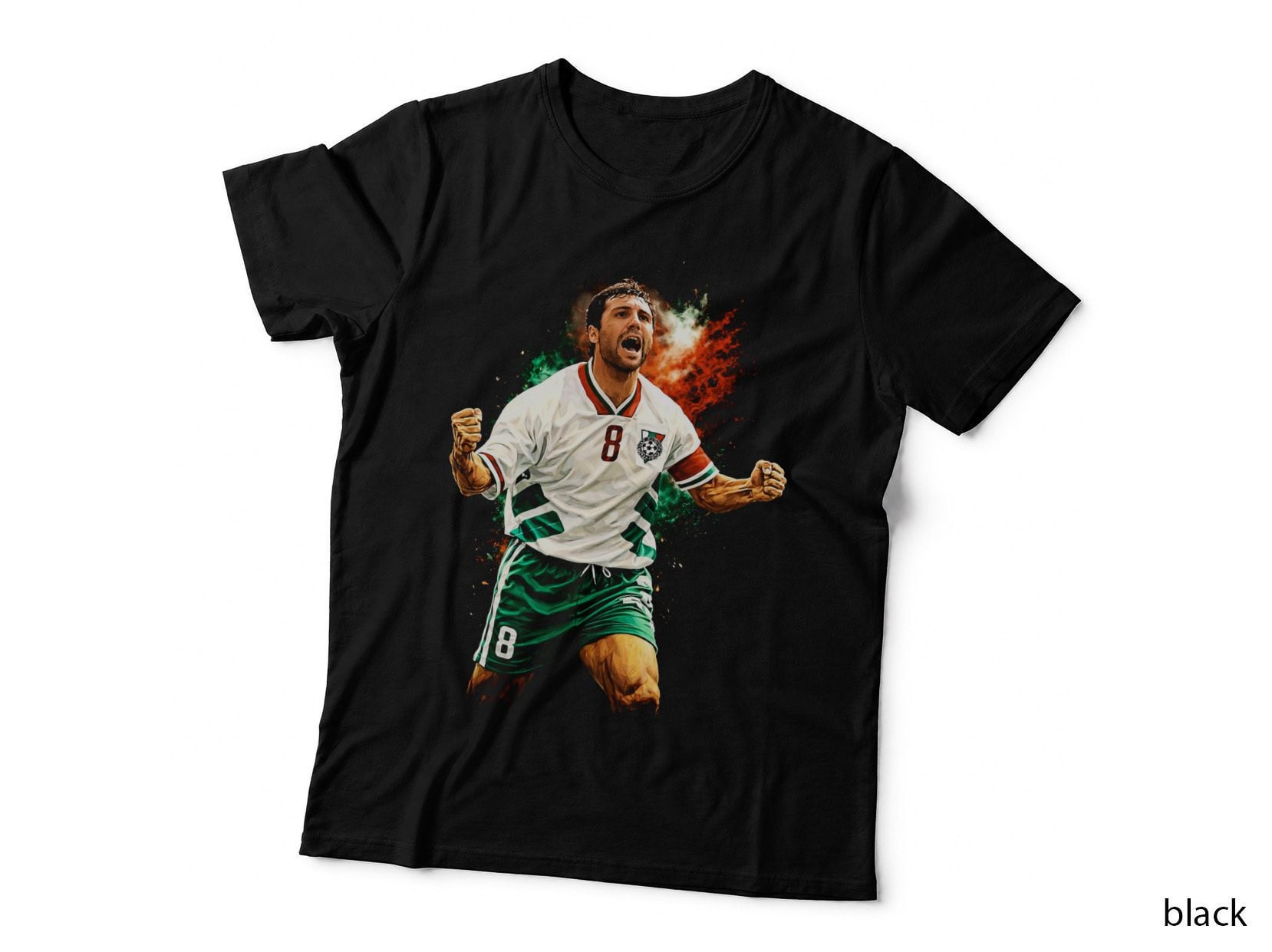 Male Footballer 8 White Jersey Red Green Trim Number Celebrating T-Shirt