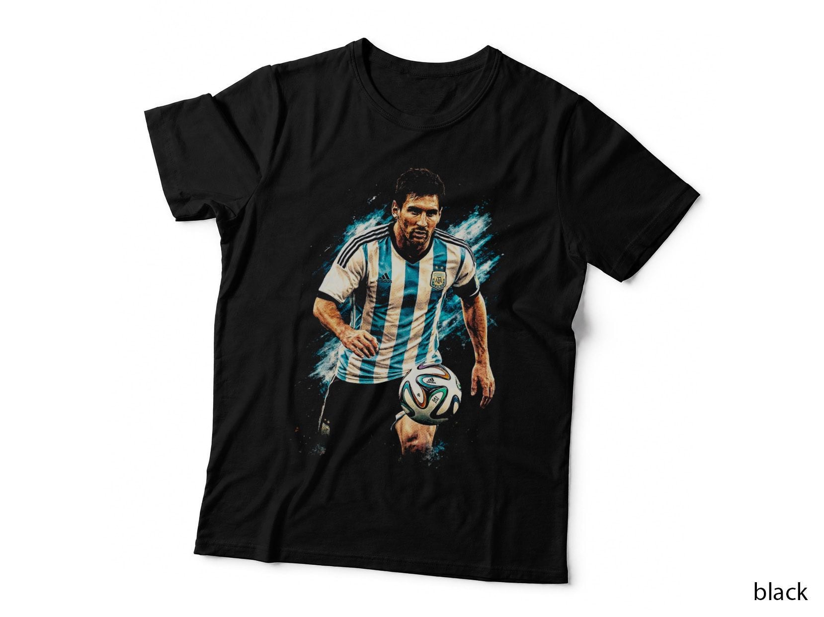 Male Footballer Argentina Kit Dribbling Checkered Ball Light Blue White T-Shirt