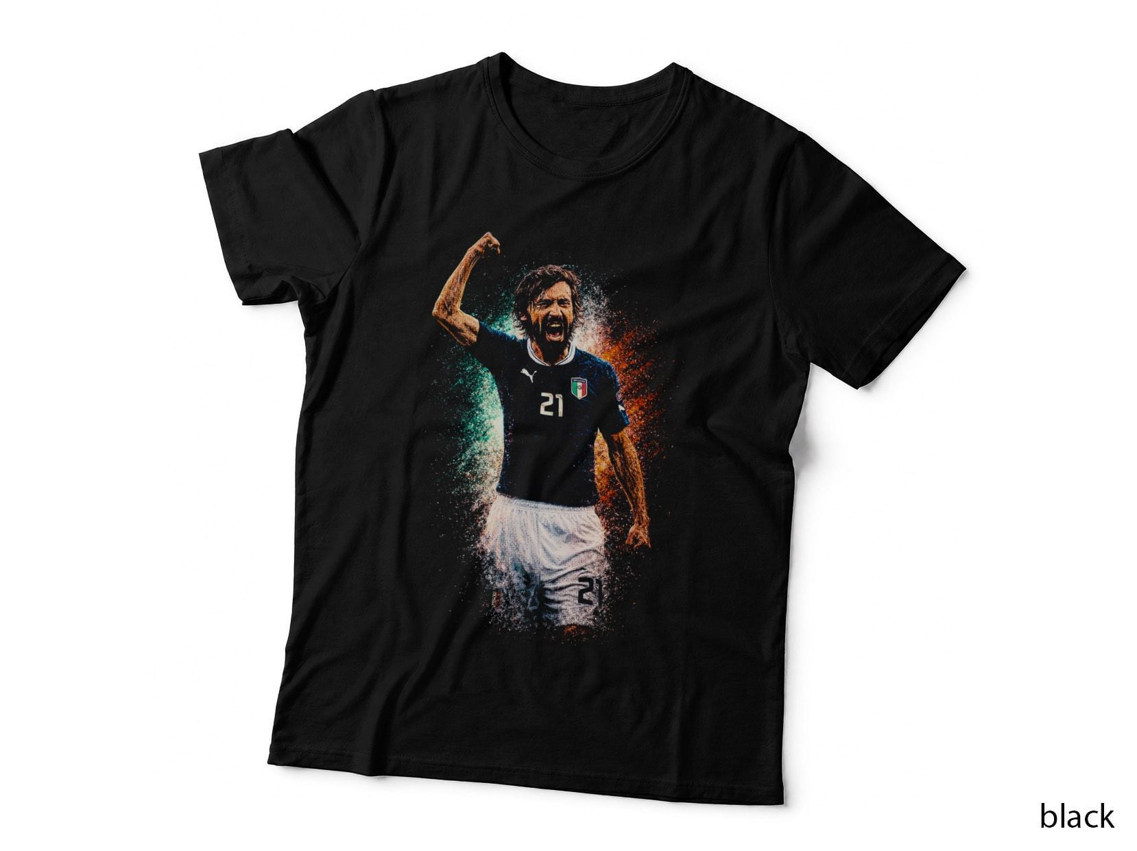 Male Footballer Celebrating Fist Raised Blue Kit White Shorts Teal T-Shirt