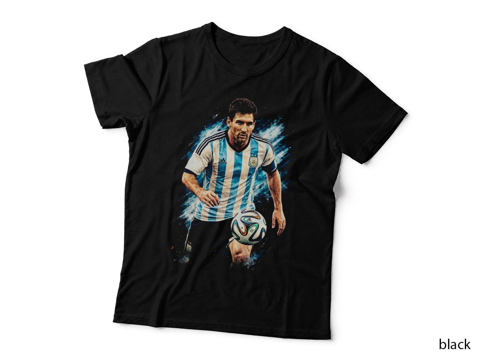 Male Footballer Dribbling Ball Argentina Kit Number 10 at Feet Blue T-Shirt
