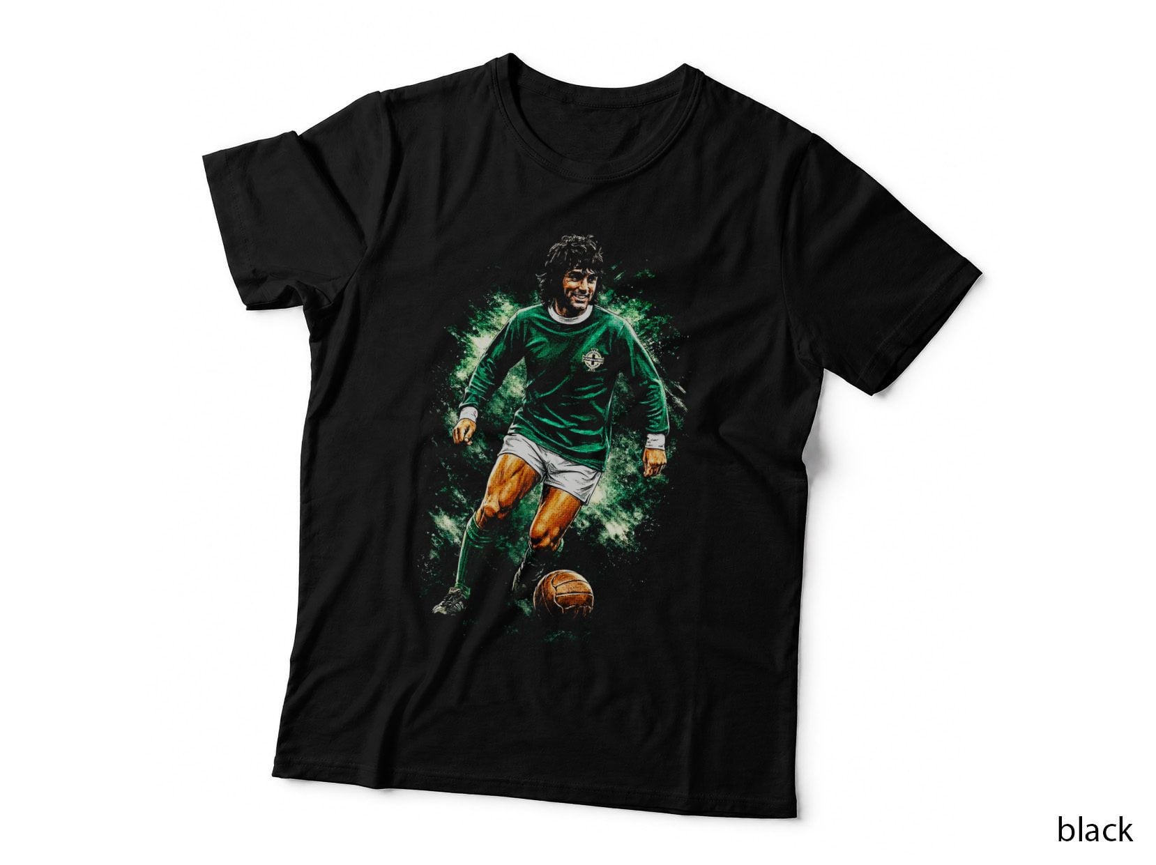 Male Footballer Dribbling Ball Green Kit White Shorts Crest Splatter T-Shirt
