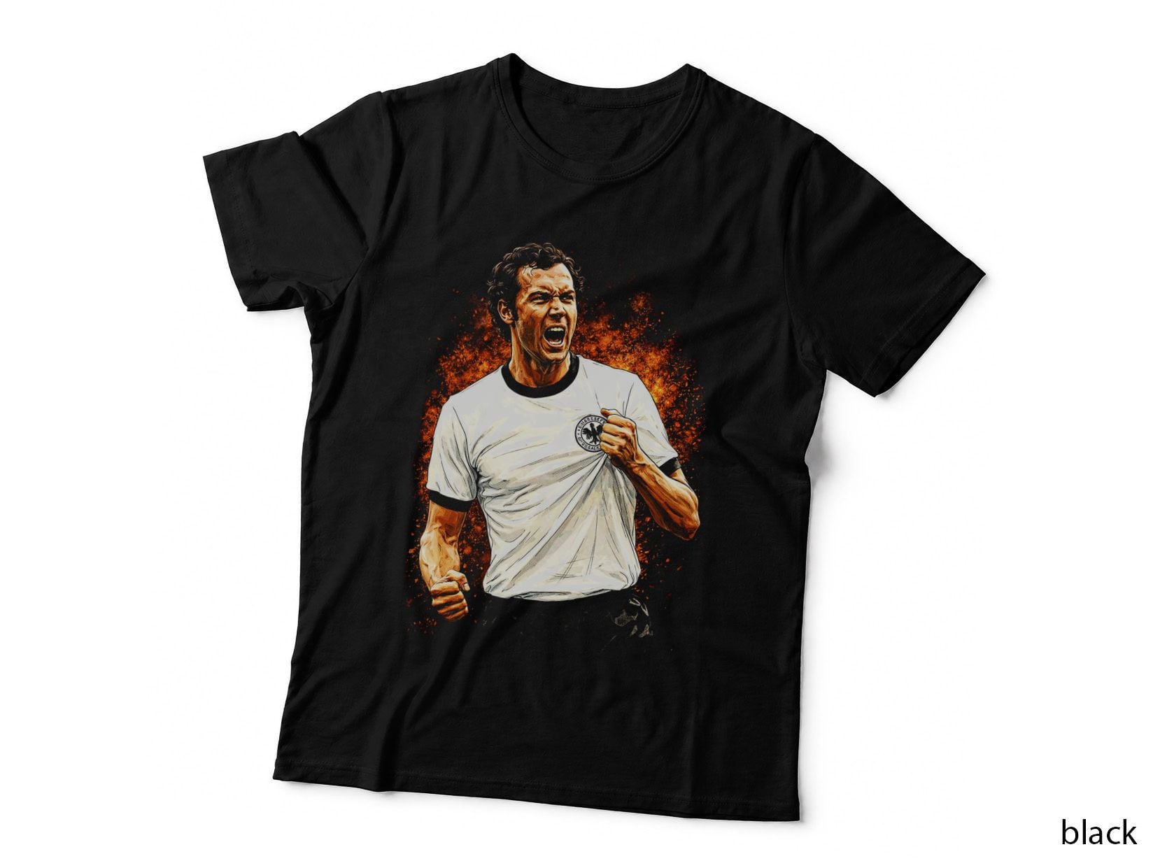Male Footballer Germany White Kit Shouting Fists Clenched Shirt Pull T-Shirt