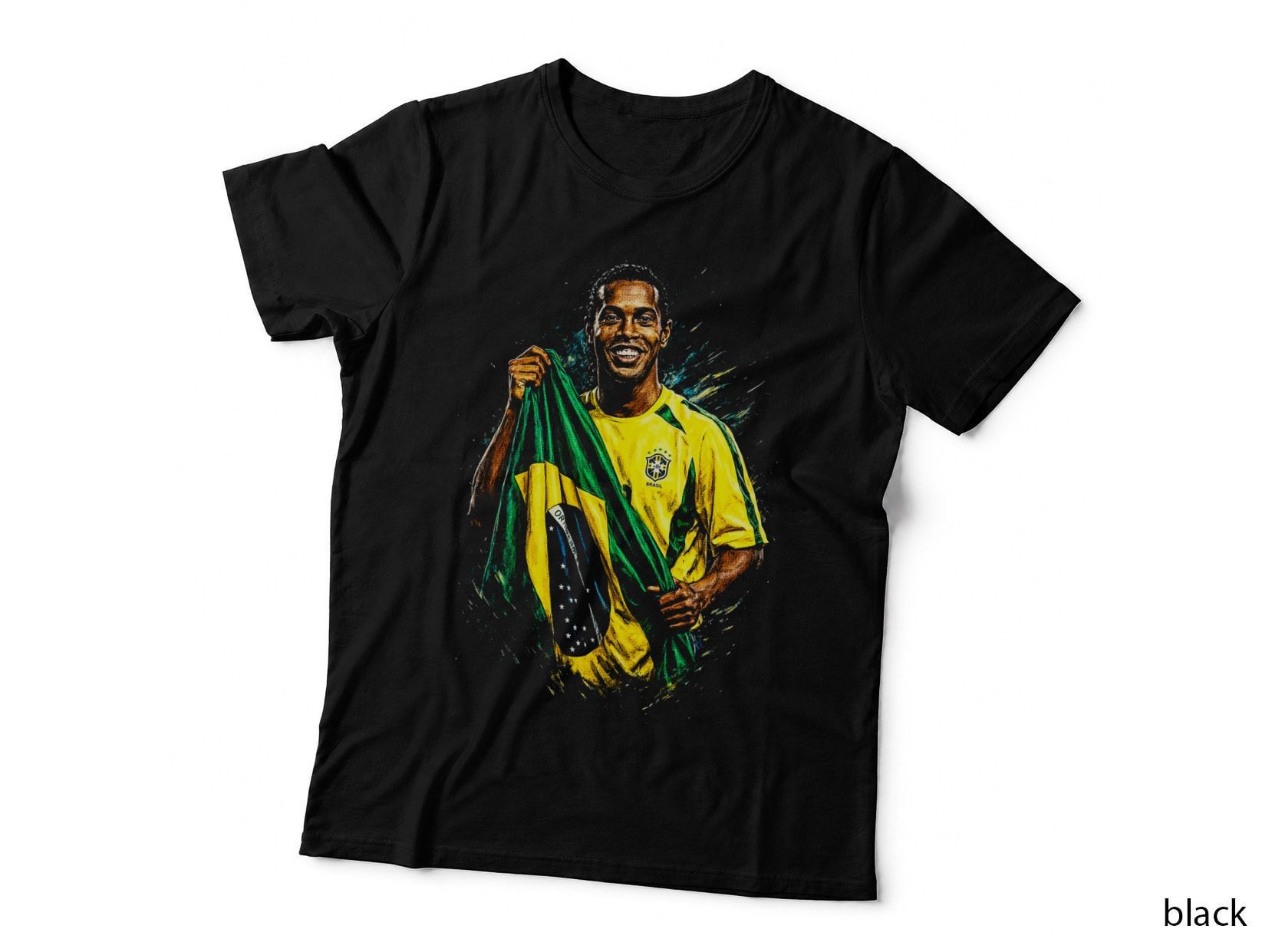 Male Footballer Holding Flag Brasil Smiling Brazil Yellow Kit Cbf Crest T-Shirt