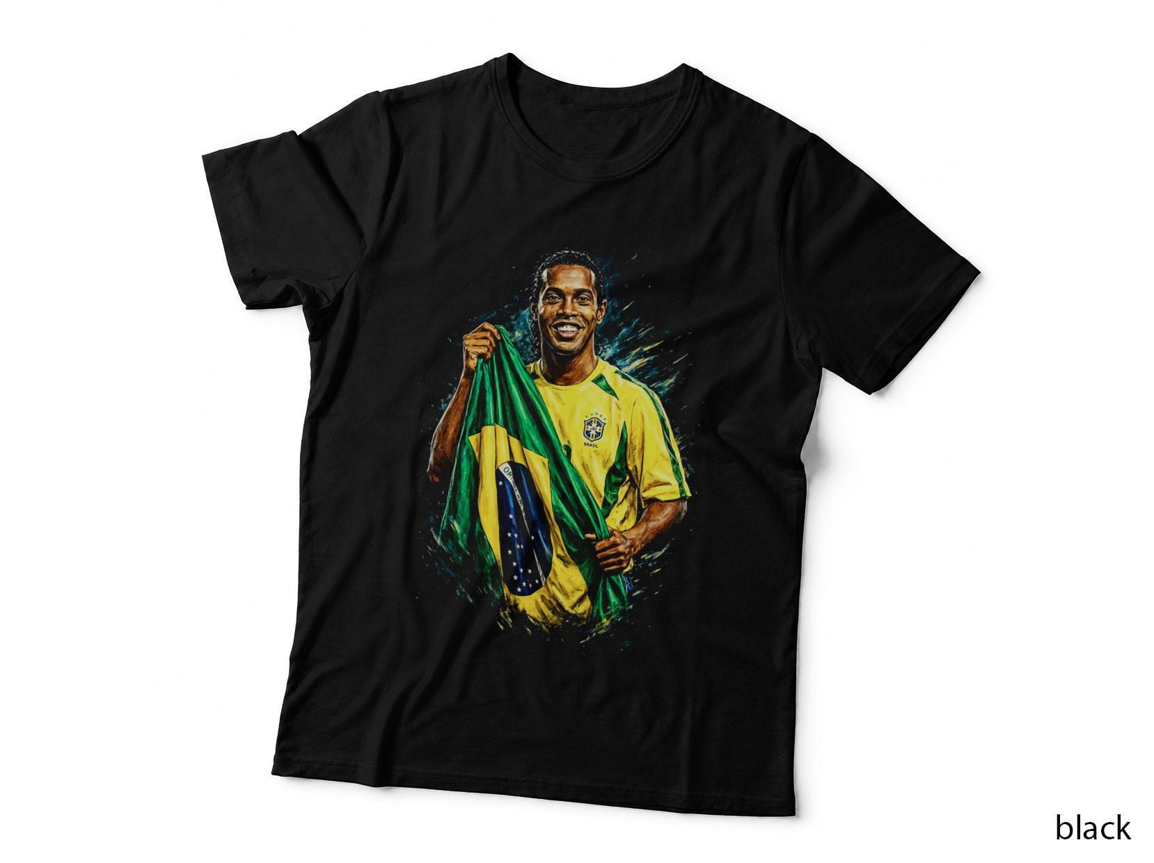 Male Footballer Holding Flag Brazil Yellow Kit Blue Halftone Splash T-Shirt