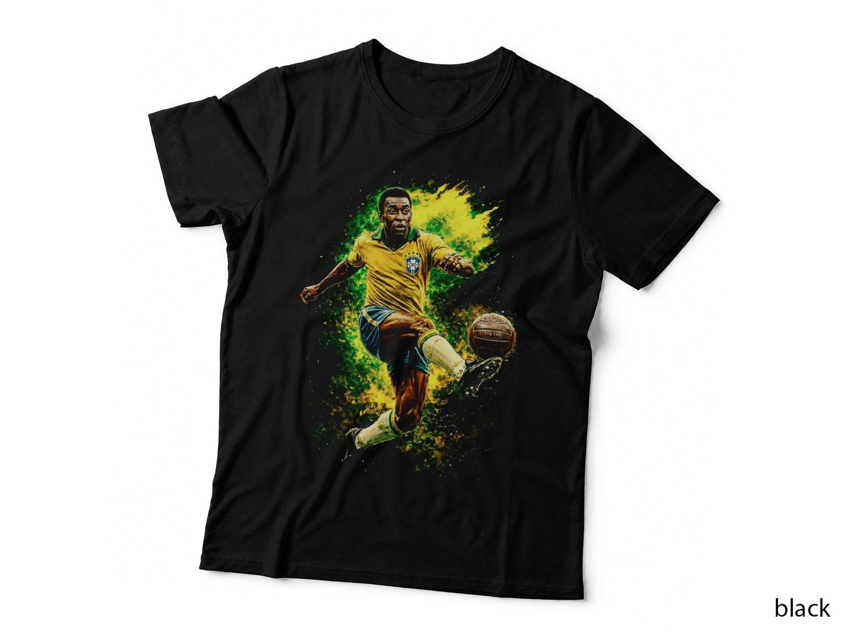 Male Footballer Kicking Ball Brazil Yellow Kit Mid-Kick Action Pose T-Shirt