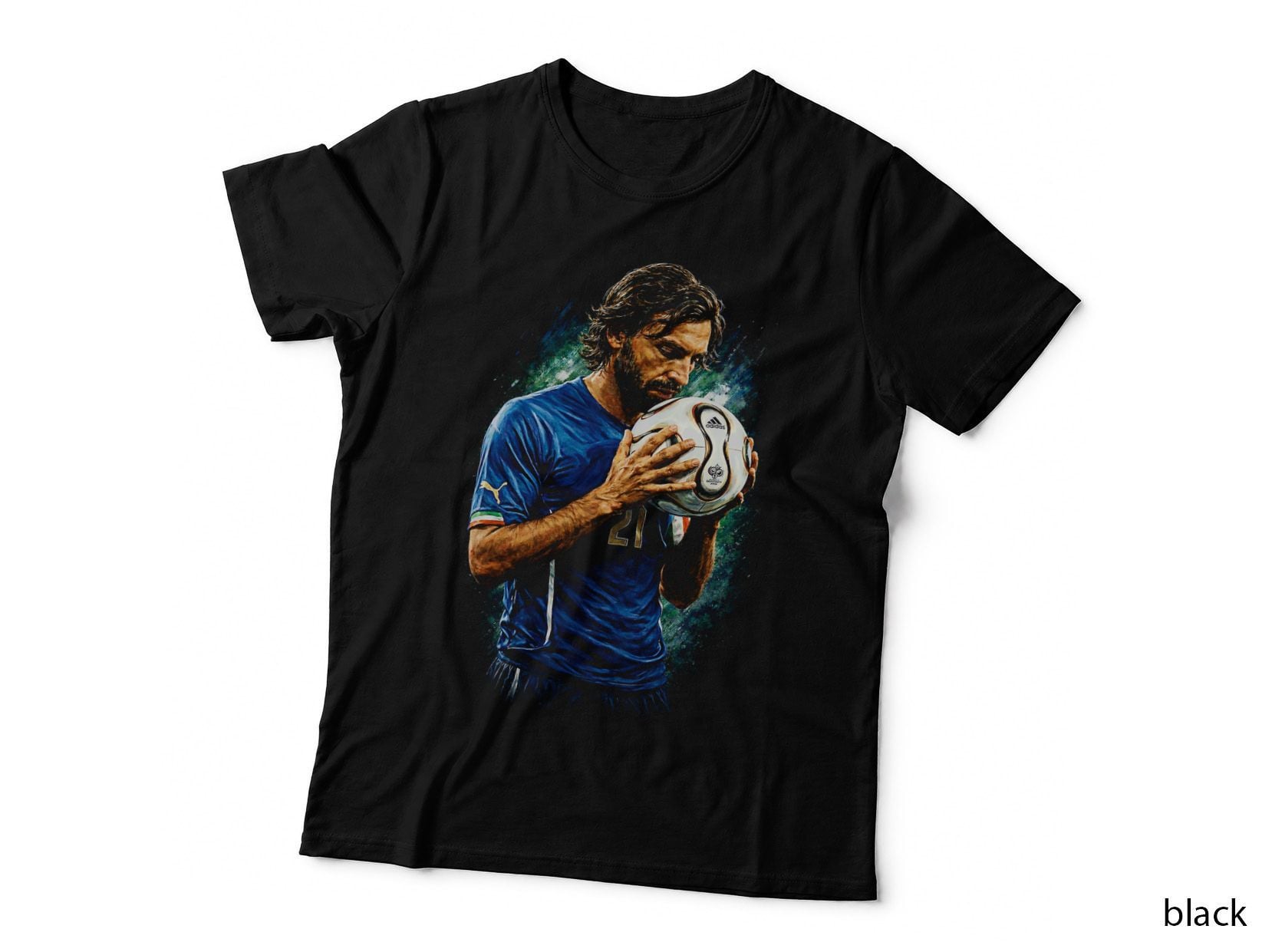 Male Footballer Kissing Ball Italy Blue Kit Number 21 Soccer Green T-Shirt