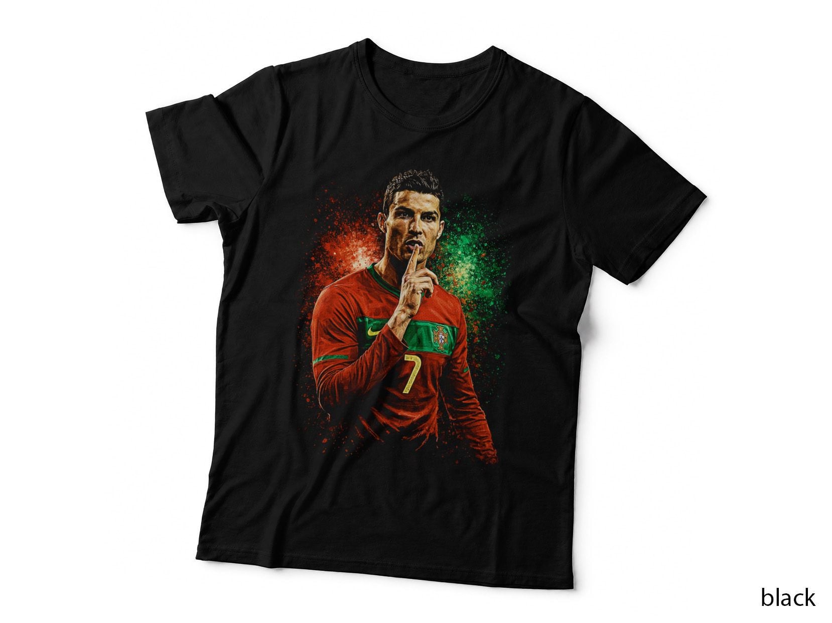 Male Footballer Portugal Red Number 7 Jersey Finger to Lips Shush T-Shirt