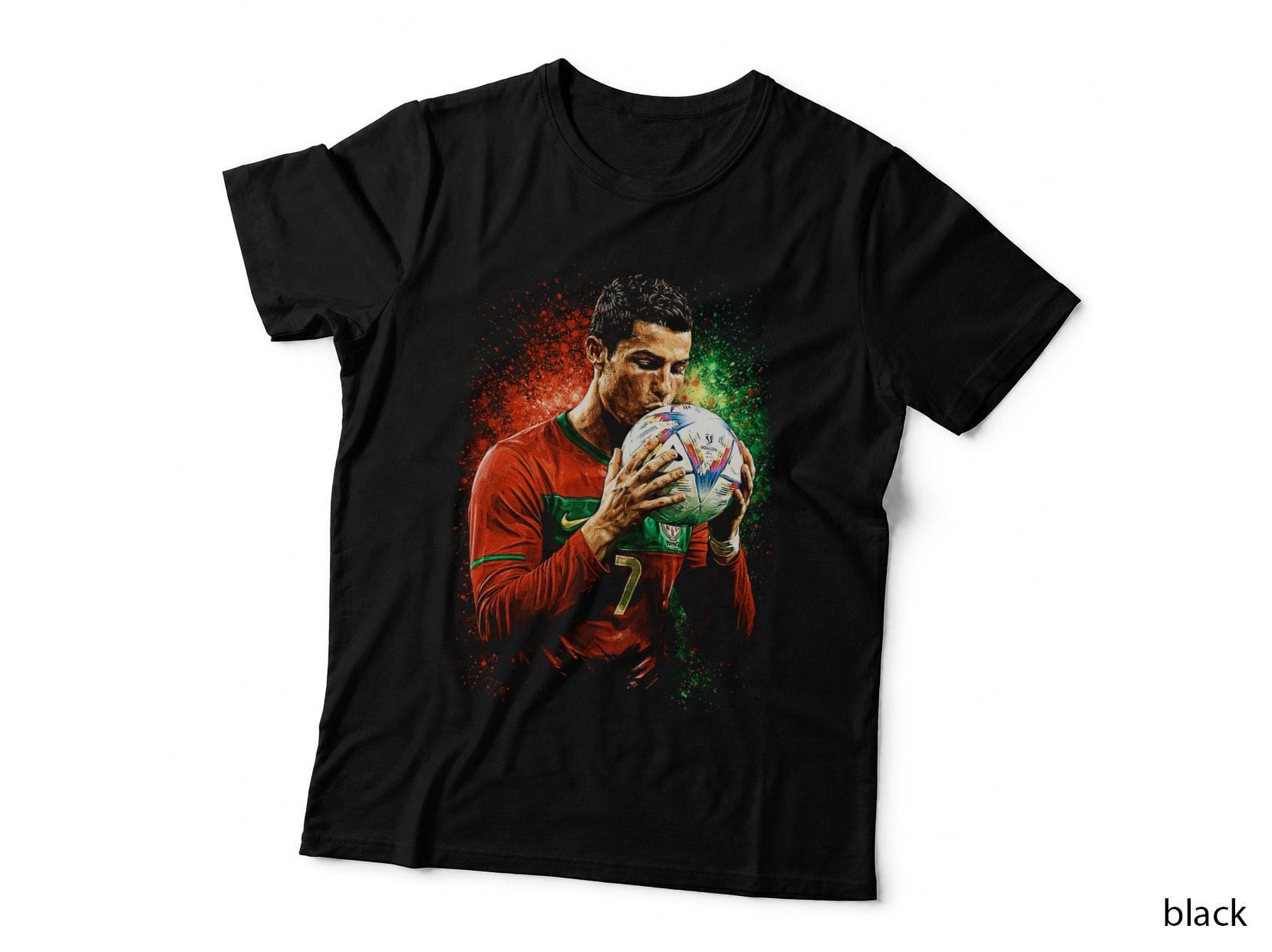 Male Footballer Portugal Red Number 7 Jersey Kissing Ball Green Paint T-Shirt