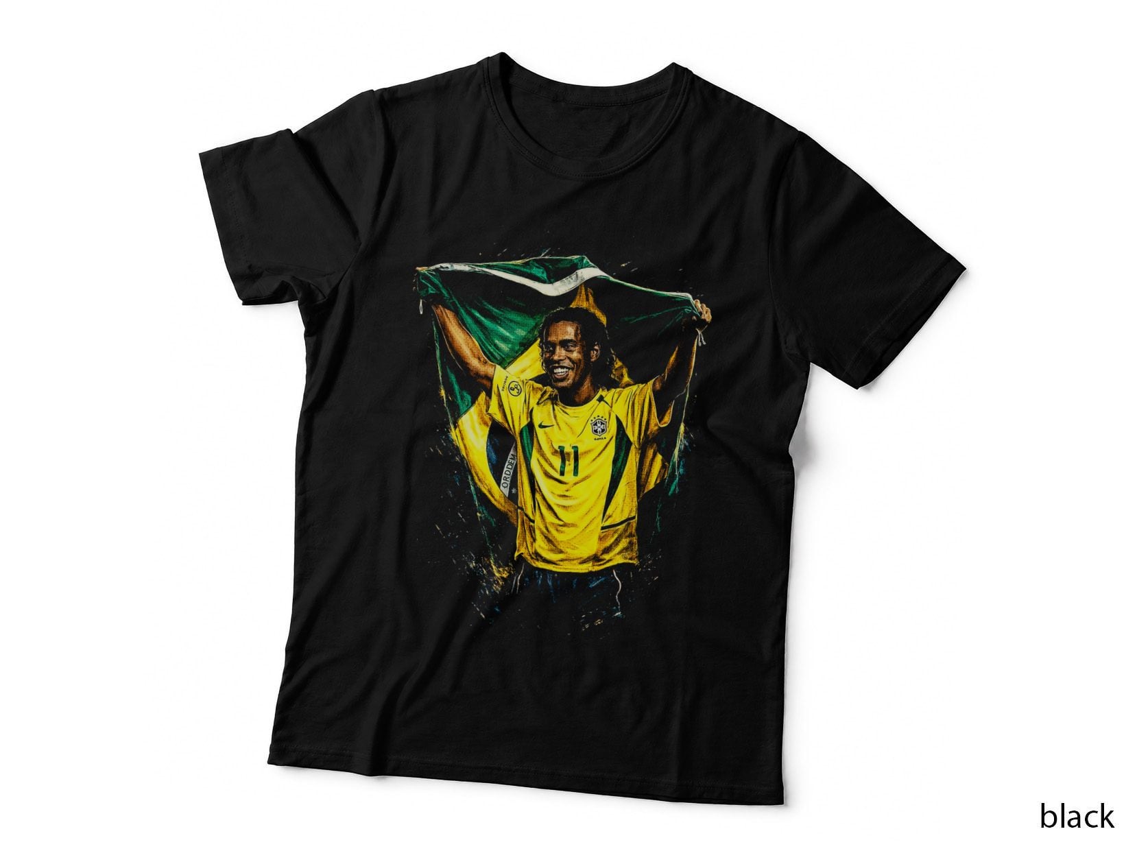 Male Footballers Holding Flag Ordem 11 Two Draped in Brazil Yellow Kit T-Shirt