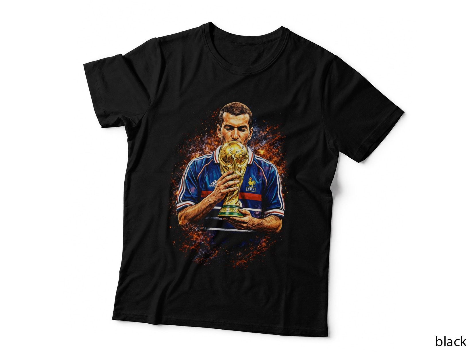 Male France Footballer Blue Jersey Kissing Gold World Cup Trophy Fire T-Shirt