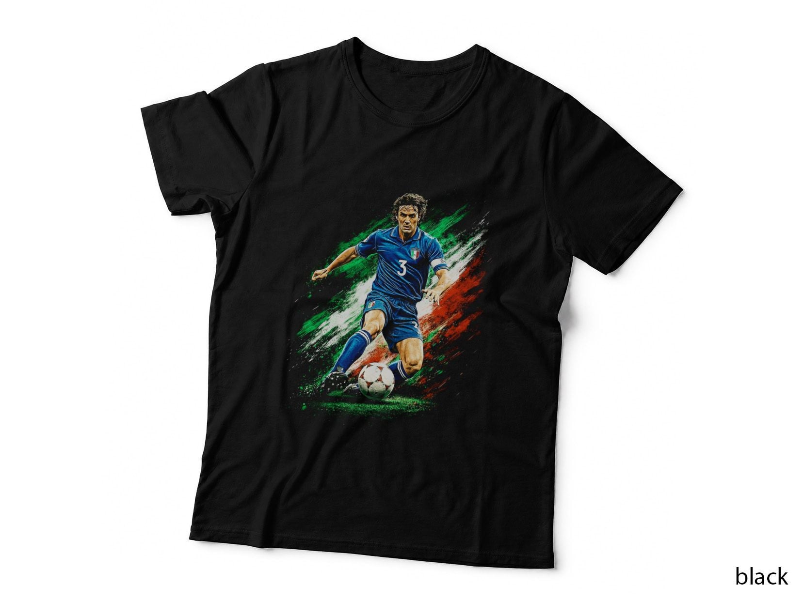 Male Italy Footballer Blue Jersey Number 3 Kicking Ball Green White Red T-Shirt