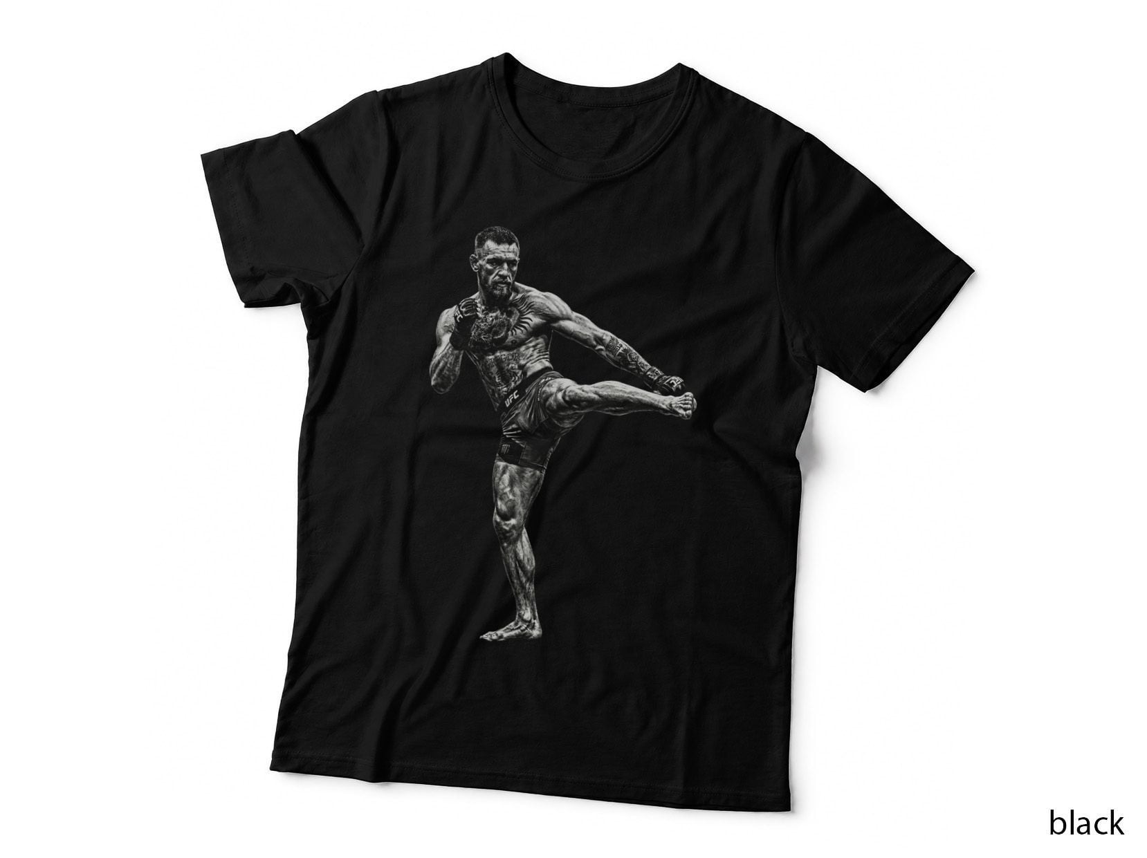 Male MMA Fighter Grayscale Sketch Throwing High Kick Arm Tattoos T-Shirt