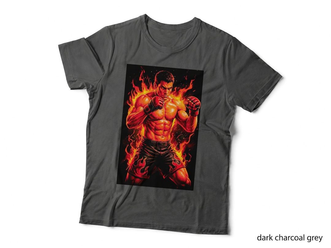 Male MMA Fighter Guard Stance Red Gloves Flame Shorts Orange Background T-Shirt