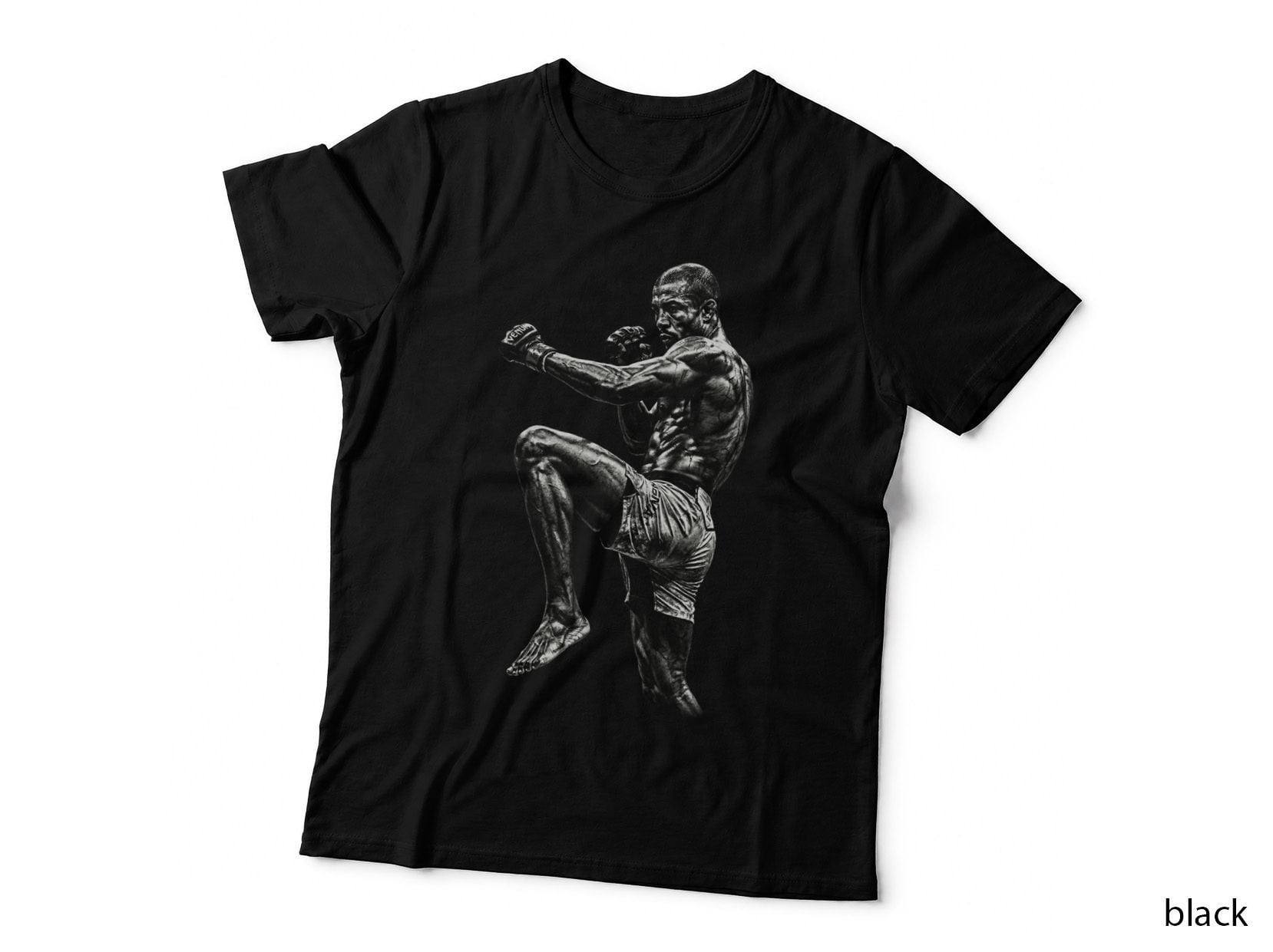 Male MMA Fighter Throwing Punch Knee Raised Stance Patterned Shorts T-Shirt