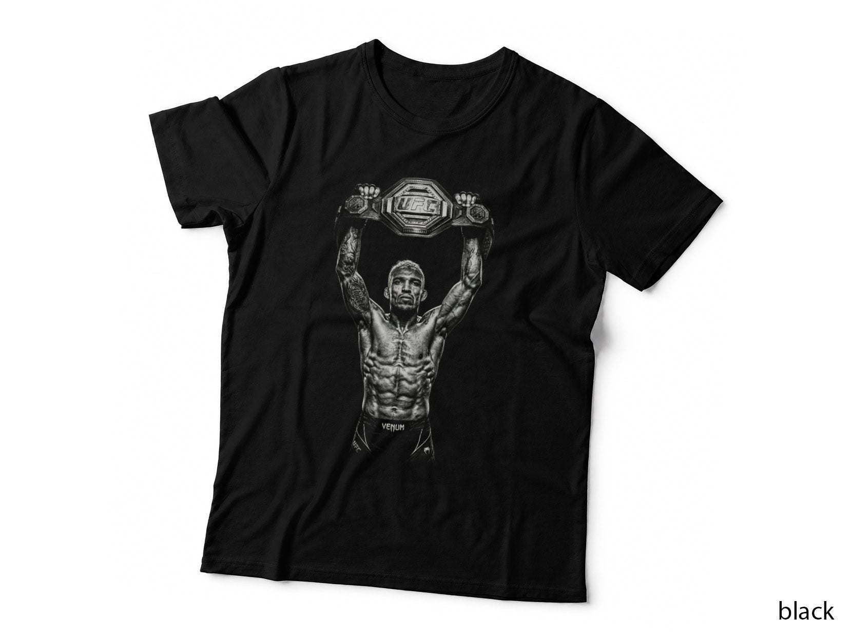 Male MMA Fighter Venum Holding Championship Belt Overhead Curly Hair Arm T-Shirt