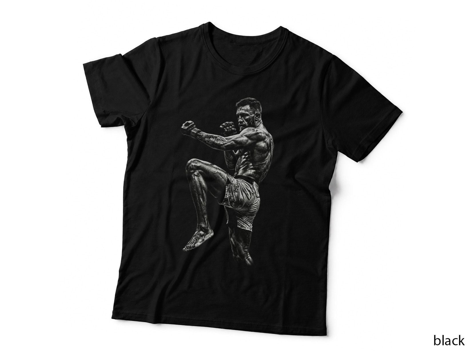 Male Muay Thai Fighter Knee Raised Guard Stance Forearm Tattoo Grayscale T-Shirt
